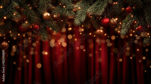 Christmas fir branches with red curtains and golden bokeh festive holiday background