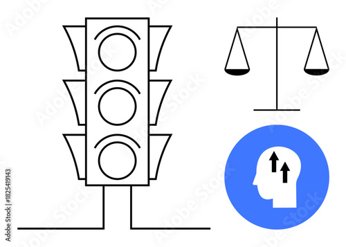 Decision making concept. a traffic light, scales, and a head with upward arrows balance, choice, and mental growth. For management, psychology, law education ethics