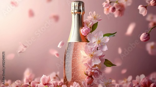 Elegant sparkling rosé bottle wrapped in cherry blossom blooms with falling pink petals on a soft pastel background, romantic and celebratory mood