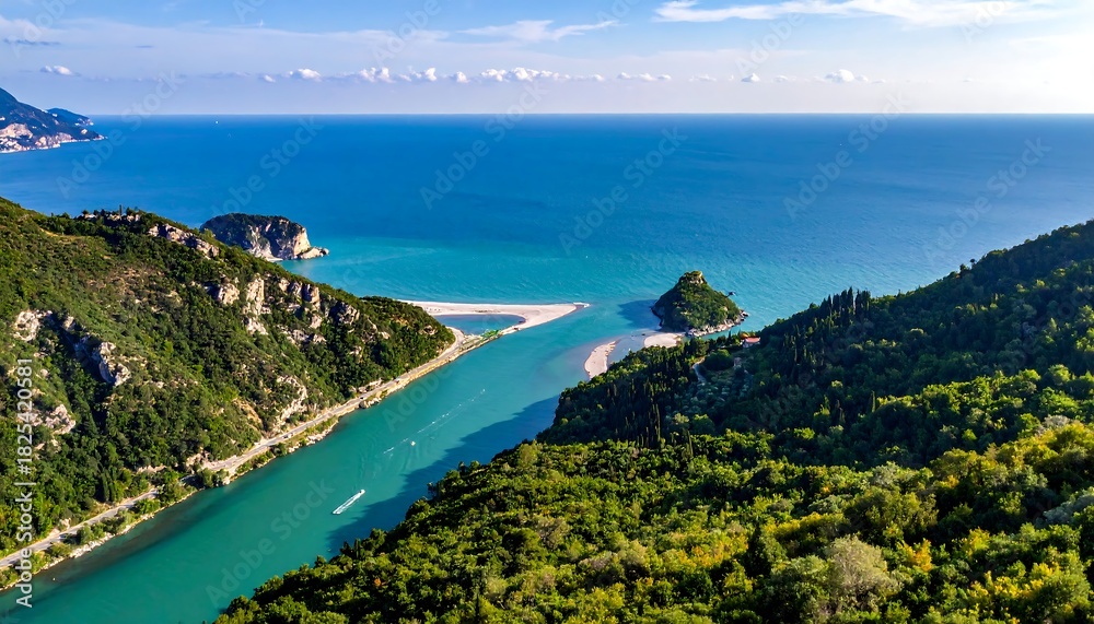 Obraz premium Aerial view of a river flowing into the sea surrounded by lush greenery.