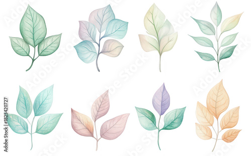 A collection of beautifully illustrated watercolor leaves in various shapes and colors. a serene and natural aesthetic. ideal for botanical designs and backgrounds