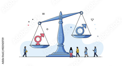 Illustration of gender equality symbols on a scale with diverse people watching.