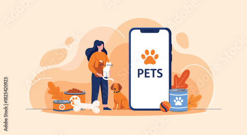 A woman is using a mobile app on her phone to manage her pets and their supplies.
