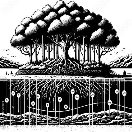 Mangrove blue carbon ecosystem showing coastal restoration and carbon sequestration in roots and sediment for climate change mitigation
