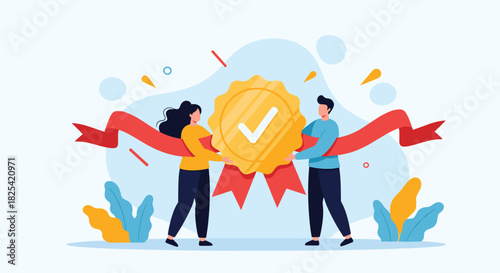 Two people are holding a gold medal with a checkmark on it surrounded by a red ribbon and abstract shapes.