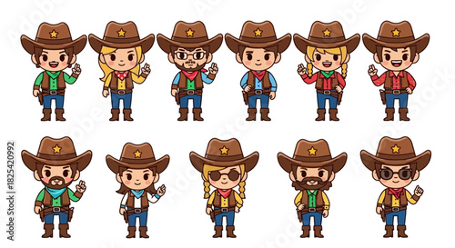 Collection of Cartoon Cowboys and Cowgirls with Various Poses and Expressions for Design Projects