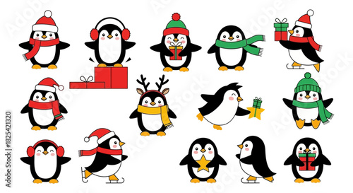 Cute Christmas penguin character collection for winter holiday design elements