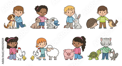 Kids and Pets A Colorful Cartoon Illustration of Children with Animal Friends