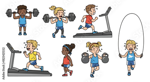 Set of energetic cartoon children exercising in a gym setting, including lifting weights, running on a treadmill, and jumping rope. A fun illustration of youth fitness and healthy habits