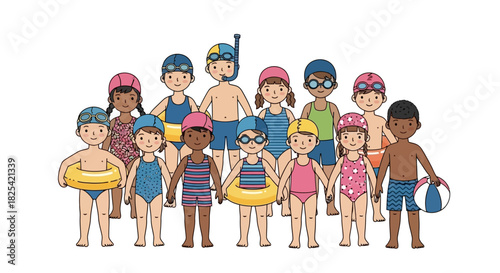 A large, diverse group of cheerful cartoon children in colorful swimwear and swimming gear, ready for summer fun at the pool