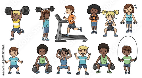 Children Exercising Diverse Fitness Activities and Exercises, Healthy Lifestyle and Well-being Illustrations