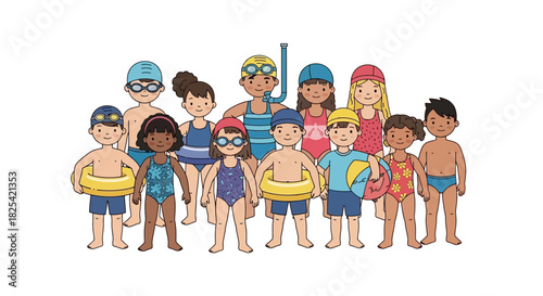 A diverse group of children in swimwear, wearing goggles and swim caps, happily posing with pool floats and a beach ball, ready for a day of swimming fun