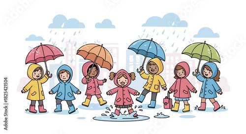 Joyful children in colorful raincoats and boots jumping in puddles under umbrellas, celebrating a rainy day outdoors