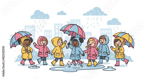 Cheerful illustration of diverse children playing in the rain, jumping in puddles with colorful umbrellas and raincoats