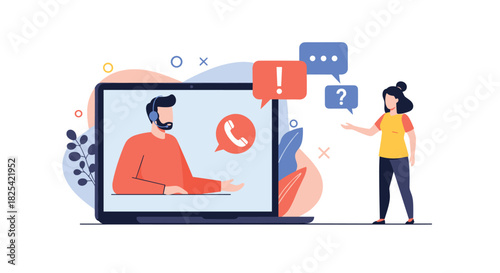 Illustrating the concept of customer support and technical assistance provided through online communication and digital platforms.