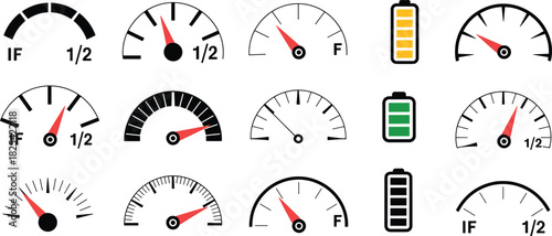 Gauge and battery icon set, fuel level indicators, charge status symbols for automotive dashboard, electronic interface, vector design collection