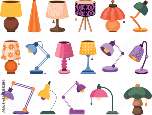 Stylized lamp vector collection, table, desk, decorative lighting designs, colorful home decor elements for interior design, furniture illustration, modern artwork