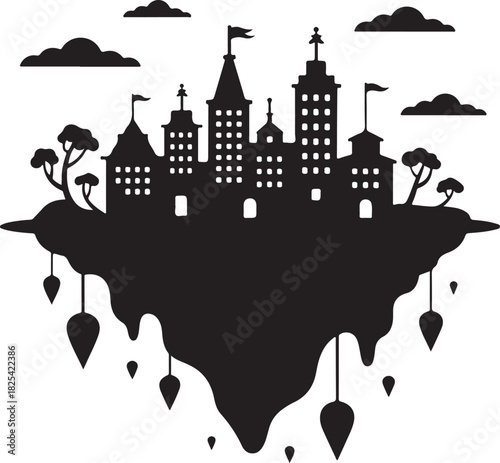 Fantasy Floating Island City Silhouette with Clouds and Trees Design