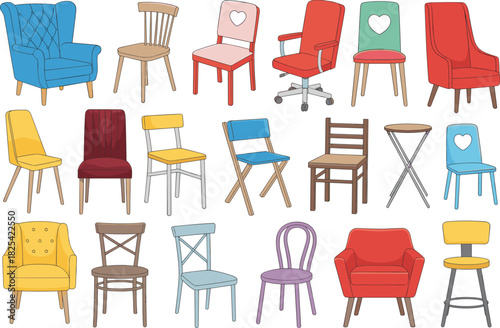 Chair design vector set, colorful seating collection, modern, classic, decorative furniture icons for interior design, home decor, illustration, style reference
