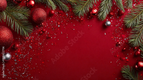 Red Christmas background with pine branches, baubles and glitter festive frame