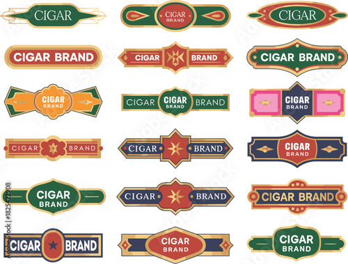 Cigar band design collection, vintage label set, decorative branding elements for packaging, tobacco product identity, retro style vector illustration