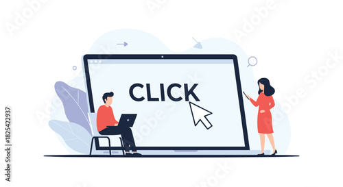 A cursor clicks on the word click on a laptop screen while two people look on.