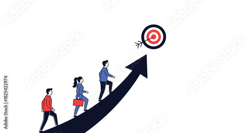 Individuals ascending an upward trending arrow toward a target representing goal achievement.