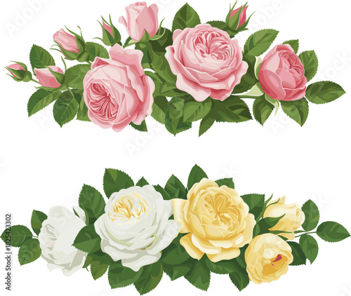 Realistic rose flower arrangements, pink, white, yellow blooms, green leaves, botanical vector illustration for wedding design, floral decor, romantic art