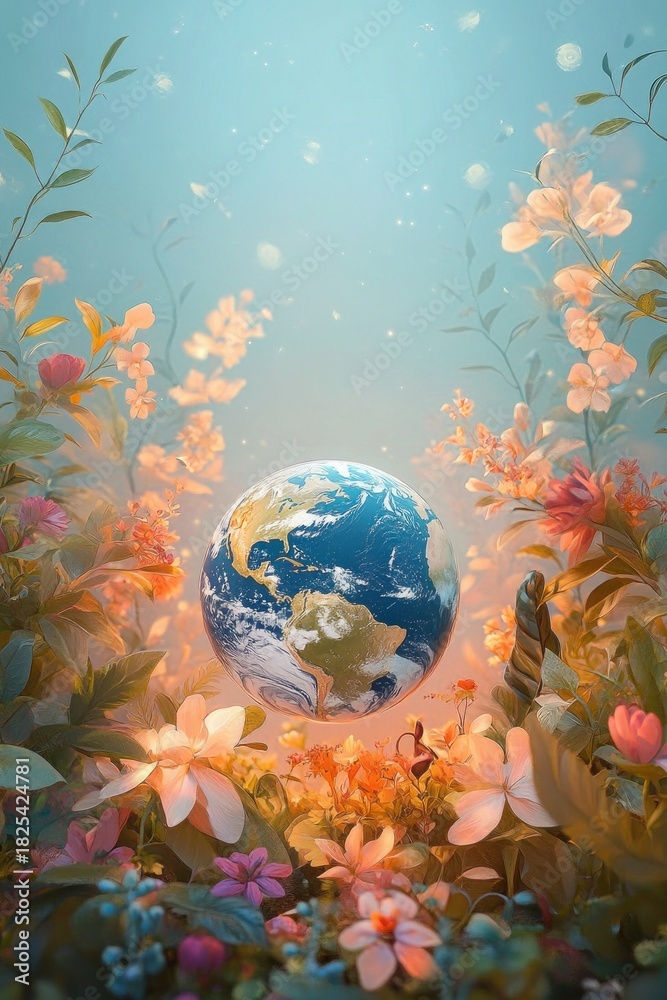 Naklejka premium Floating Earth suspended among vibrant pastel flowers and lush foliage, glowing particles and soft light creating a serene, magical, hopeful atmosphere