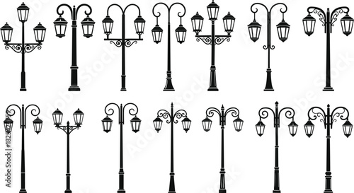 Elegant collection of vintage street lamp silhouette vector illustrations featuring decorative lantern posts, urban lighting designs, and classic outdoor lamp shapes for architectural projects