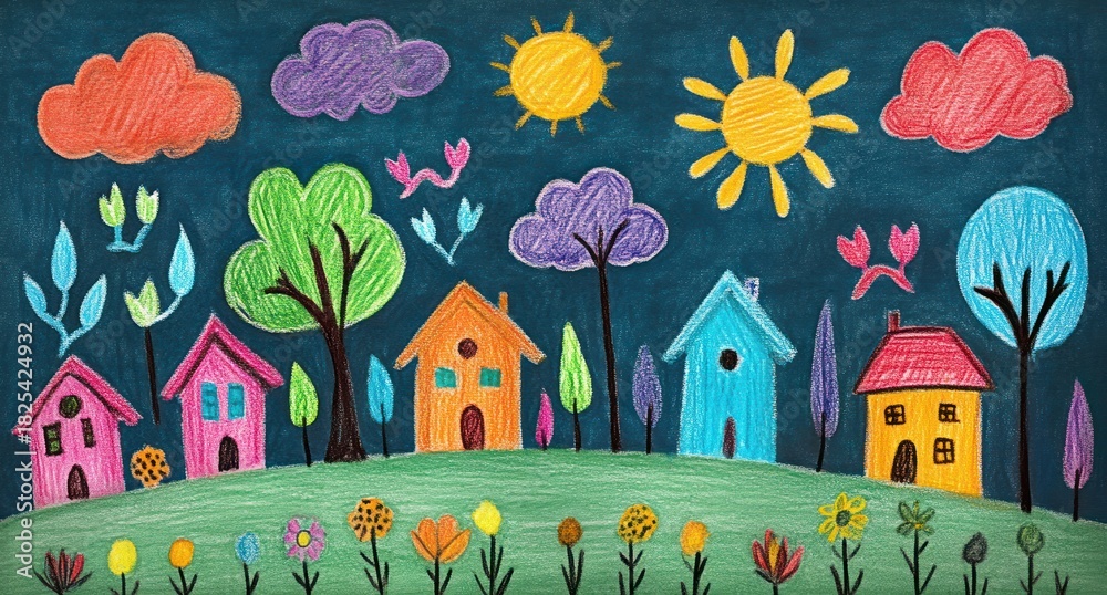 Obraz premium Playful colorful crayon drawing of charming houses on a green hill with trees, flowers, sun, clouds and birds