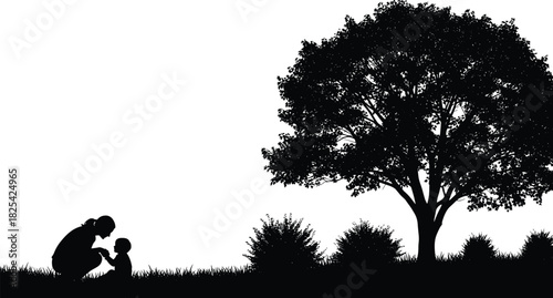 Black and white silhouette vector illustration of a mother playing with her child on grass near a large tree, outdoor park nature scene.