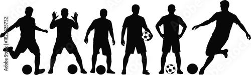 Black silhouette of soccer players set, football man team collection, vector illustration isolated on white, sport athlete game activity, energetic champion kick ball