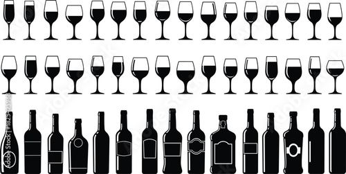 Elegant wine glass and bottle silhouette vector collection featuring diverse shapes, minimalist drink icons, perfect for bar menus, beverage branding, modern design illustration