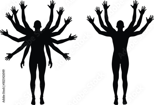Black silhouette vector illustration of human figures with multiple hands, concept of multitasking capabilities, isolated on a white background for graphic design.