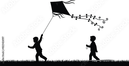 Black silhouette vector illustration of two boys running on grass flying large kite with long tail, happy kids playing outdoors, isolated on white.