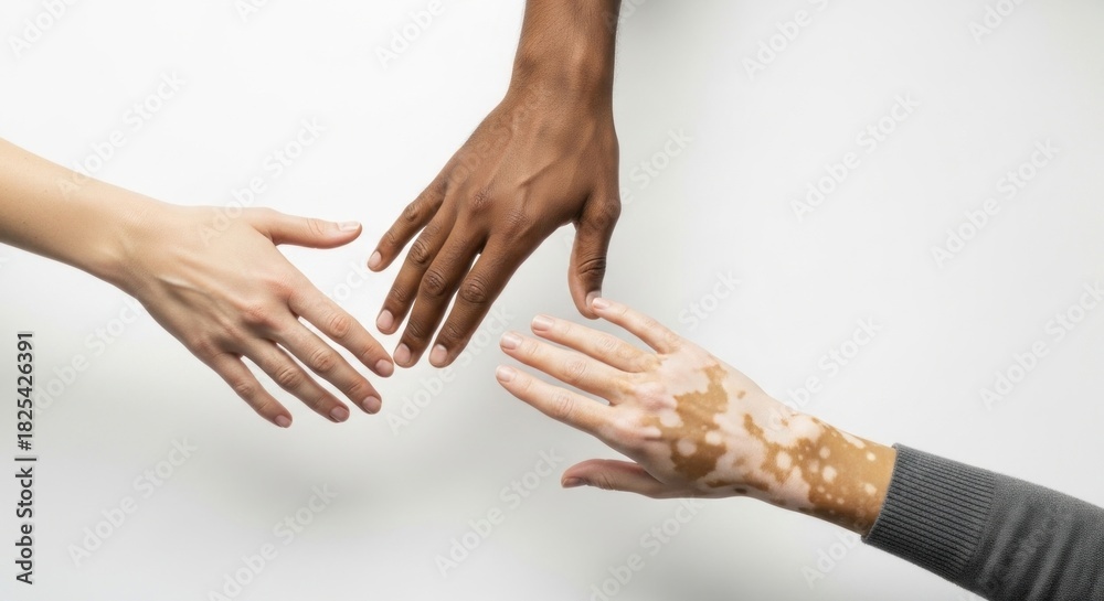 Fototapeta premium Three hands reaching out to each other against a white background.