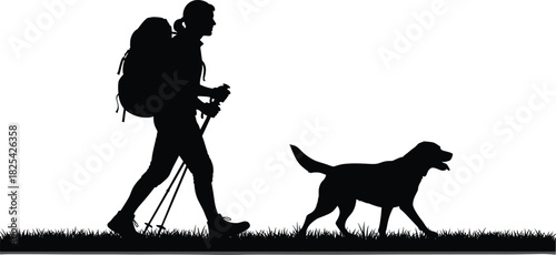 Black silhouette vector of a female hiker wearing a backpack and using trekking poles while walking with her dog, representing adventure, fitness, and nature exploration.