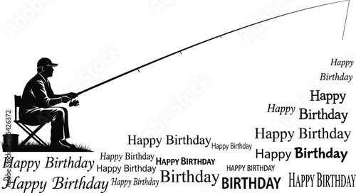 Black silhouette vector of fisherman sitting on chair with happy birthday text typography, isolated on white background for father's celebration card.