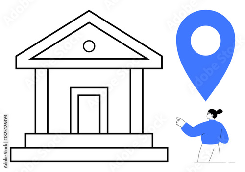 Government building outline with large location pin and person gesturing. Ideal for navigation, public services, city planning, education, infrastructure, tourism, simple flat metaphor