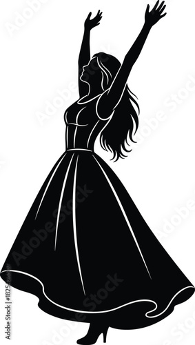 Black silhouette vector of woman in long dress with arms raised up, representing freedom, joy, and success, isolated on white background.
