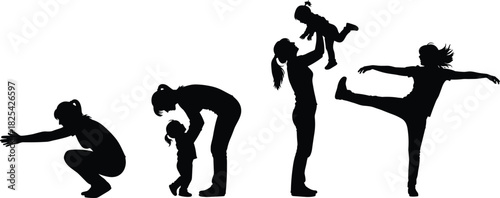 Black silhouettes of a mother and daughter bonding while engaging in various activities like exercise, playing, and balancing, representing family, motherhood, and health on white.