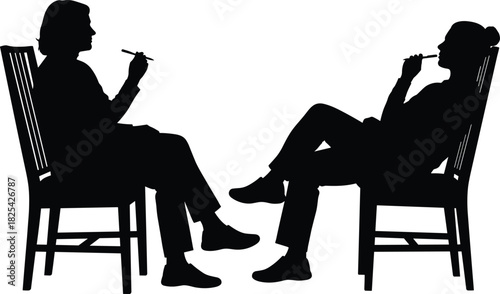 Black vector silhouette of psychologist and patient sitting on chairs during therapy session, mental health counseling concept, talking together, isolated on white background