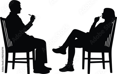 Black vector silhouette of man and woman sitting on chairs, psychologist counseling patient or job interview concept, isolated on white background