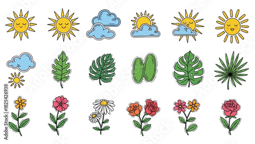 Playful Nature Doodle Line Art with Suns, Clouds, Leaves and Flowers – Colorful Whimsical Outline Set