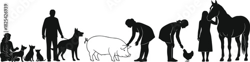 Collection of black silhouettes showing people interacting with animals including dogs, pig, chicken and horse, isolated vector illustration on white background.