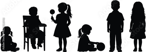 Collection of black silhouettes showing diverse little children sitting, playing, and standing, isolated vector illustration set of boys and girls on white background