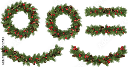 Christmas wreath, pine garland, holiday decoration, red berries, winter greenery, festive ornament, seasonal decor, pinecone