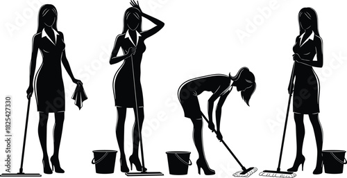 Four female cleaning silhouettes, woman in dress mopping floor with bucket, vector illustration set for maid service, housekeeping, and domestic work