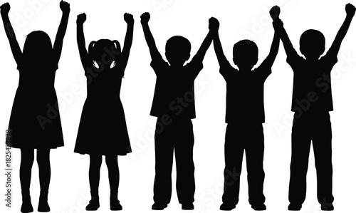Group of happy children silhouettes standing together, boys and girls raising hands up, celebrating friendship, success and unity, black vector illustration.